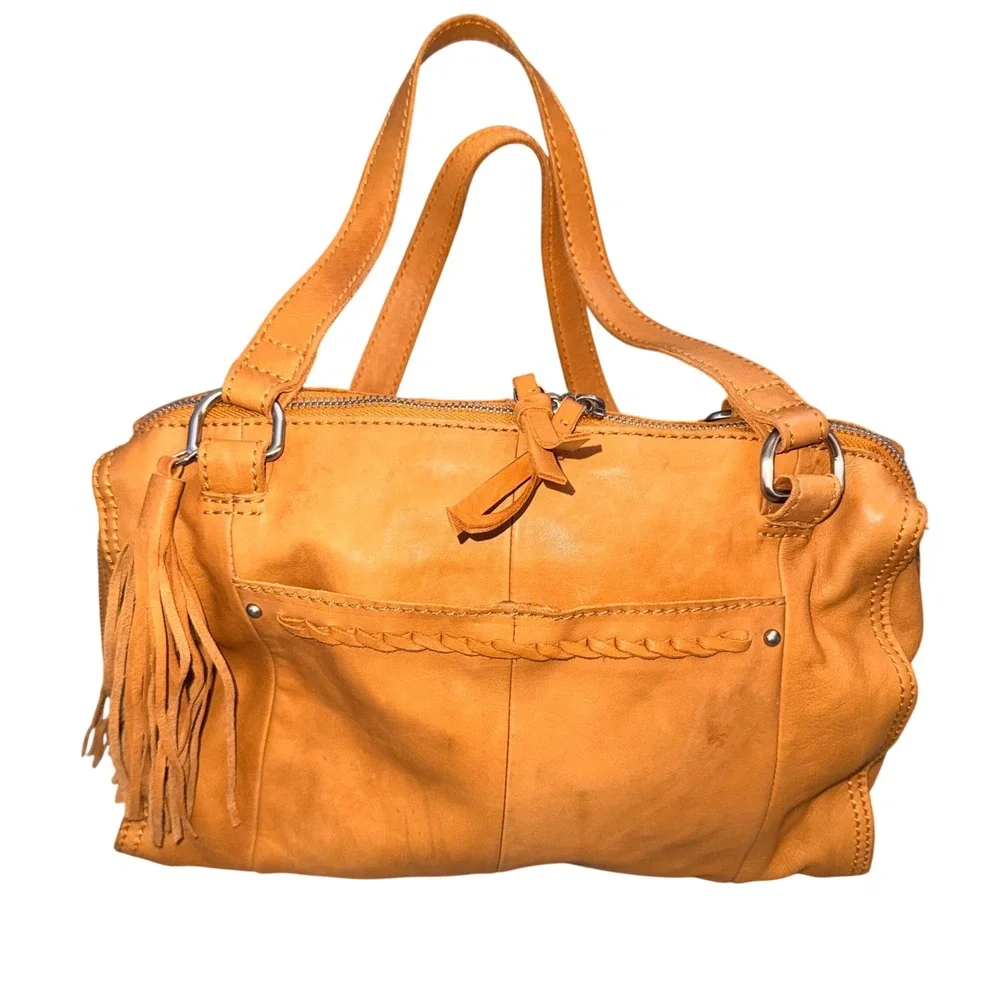 Hobo The Original Mustard Yellow Leather Satchel Braided Tassel Bag